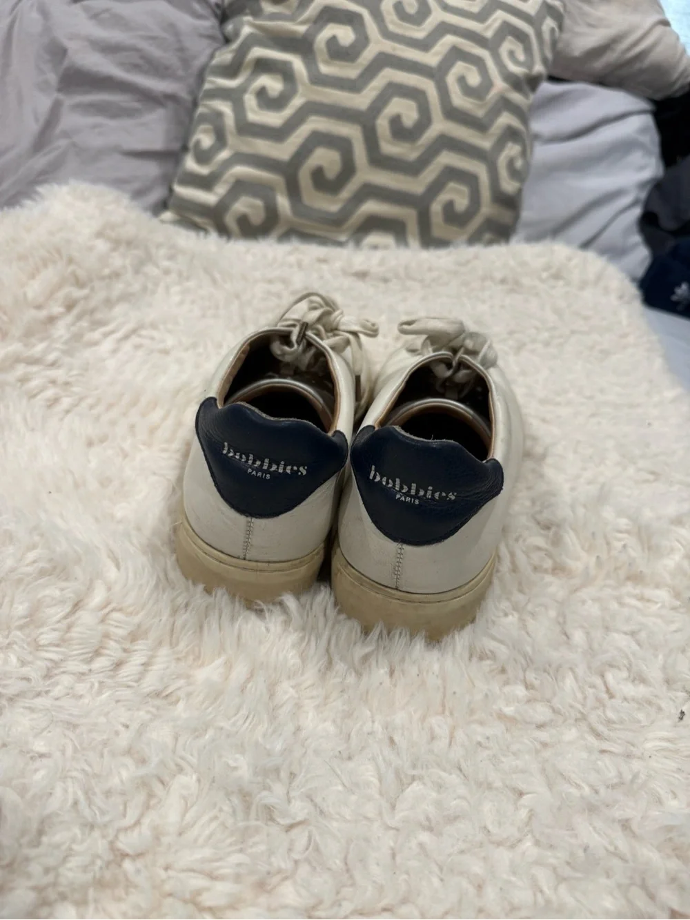 White Leather Low-Top Sneakers with Navy Heel Accent